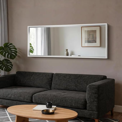 CIRCUMI 60"x24" Brushed Silver Bathroom Mirror, Double Sink Vanity Mirror | Chunky Box Metal Frame, Shatterproof, Tempered Glass, Bathroom Remodel&New Home, Large Rectangular Mirror for Living Room