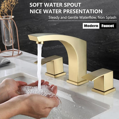 Brushed Gold Bathroom Faucet, Gold 3 Hole Widespread Bathroom Sink Faucet with Pop Up Drain and cUPC Supply Hose, 2 Handle 8 inch Brass Wide Spread Vanity Faucet, Restroom Basin Taps WI37151BG