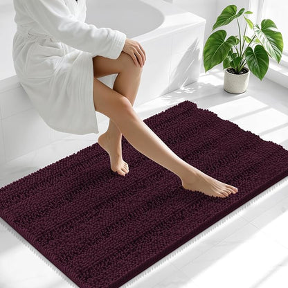 Smiry Thick Chenille Bathroom Runner Rugs 44x24, Bath Mat, Black Cherry | Quick‑Dry & Machine Washable, Non‑Slip Bath Carpet, Soft Striped Bath Rugs for Tub & Shower, Modern Home Decor Accessories