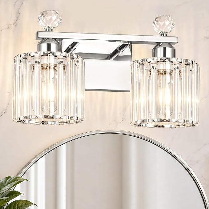 Lxybcce Modern Crystal Bathroom Vanity Light, 14In 2-Lights Bathroom Light Fixtures, Chrome Vanity Light Fixtures Over Mirror, Easy Installation & Shadow-Free Illumination for Bathroom Mirror Decor