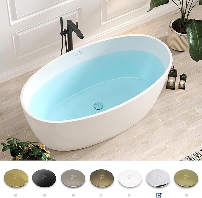 FerdY Tahiti 59" Acrylic Freestanding Bathtub, Elegant Oval Shape Bathtub, Glossy White, Polished Chrome Drain & Integrated Slotted Overflow Assembly Included cUPC Certified