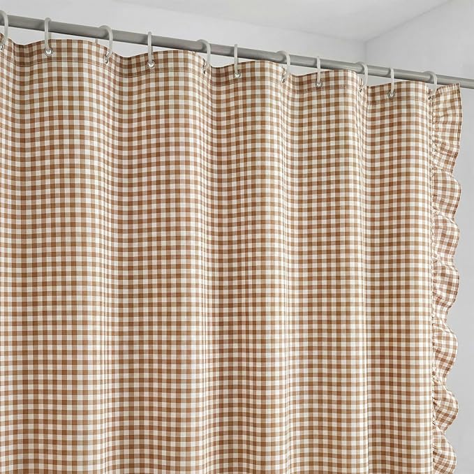 HunnmingRe Ruffled Gingham Shower Curtain Taupe | 72'' x 72'' Vintage Farmhouse Curtain, Cotton Cottage Core Rural Checkered Plaid Decor, Fall Shower Curtain for Bathroom