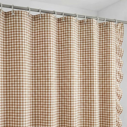 HunnmingRe Ruffled Gingham Shower Curtain Taupe | 72'' x 72'' Vintage Farmhouse Curtain, Cotton Cottage Core Rural Checkered Plaid Decor, Fall Shower Curtain for Bathroom