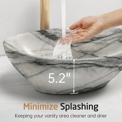 KES 16 x 13 Inch Oval Marble Pattern Vessel Sink Above Counter, Ceramic Porcelain Bathroom Sink Bowl for Vanity Countertop, Modern Look, No Overflow, Sink Only, BVS124-MG