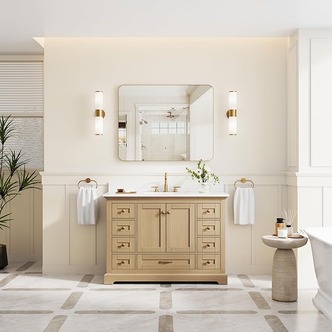 WELLFOR 48" Bathroom Vanity with Sink, Bathroom Freestanding Vanity W/ 2 Soft-Close Doors and 9 Soft-Close Drawers, Bathroom Cabinet Vanity with Cultured Marble Countertop (Oak)