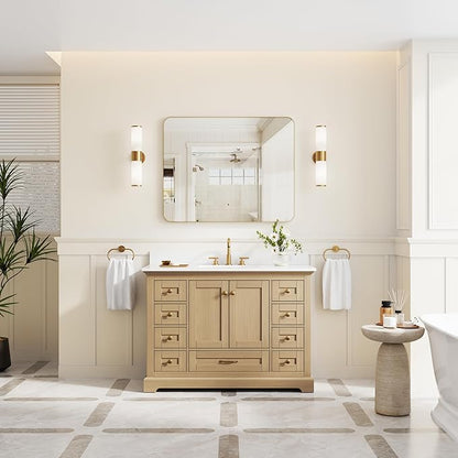 WELLFOR 48" Bathroom Vanity with Sink, Bathroom Freestanding Vanity W/ 2 Soft-Close Doors and 9 Soft-Close Drawers, Bathroom Cabinet Vanity with Cultured Marble Countertop (Oak)