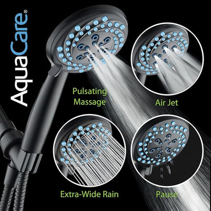 AquaCare New 8-mode High Pressure Handheld Shower Head w/ 2-way Power Wash | Stay Clean Nozzles, Dual Power Wash for Tub, Tile & Pets, Long 6 ft. Stainless Steel Hose, Wall & Overhead Brackets / Black