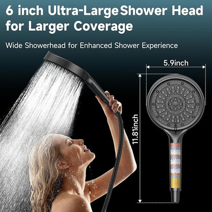 Handheld Filtered Shower Head, 6 Inch High Pressure Hand held Shower Head with Filters for Hard Water, 6 Spray Modes Detachable Showerhead with Hose, Matte Black