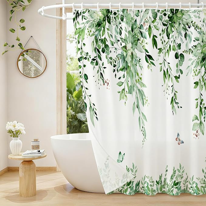 120GSM Green Eucalyptus Shower Curtain with 12PCS Hooks, Watercolor Floral Print Bathroom Décor, Green Botanical Washable Fabric Shower Curtain, 72 x 72 Inch
