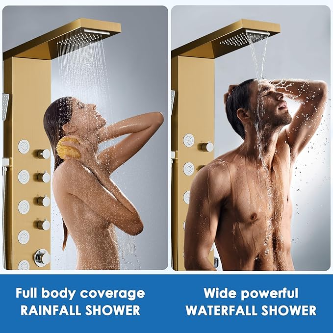 Shower Panel Tower System with Rainfall & Waterfall Shower, 5 Body Jets, 3-Function Handheld, 304 Stainless Steel Shower Tower Column, Gold