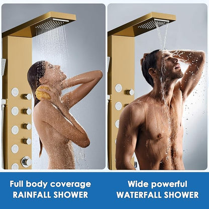 Shower Panel Tower System with Rainfall & Waterfall Shower, 5 Body Jets, 3-Function Handheld, 304 Stainless Steel Shower Tower Column, Gold