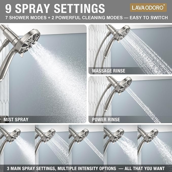 Handheld Shower Head with Magnetic Docking System | 9-Function High Pressure Detachable Shower Head, 5-inch Showerhead with 72 Inch Hose, Remote Dock, Brushed Nickel, SH180-BN-D
