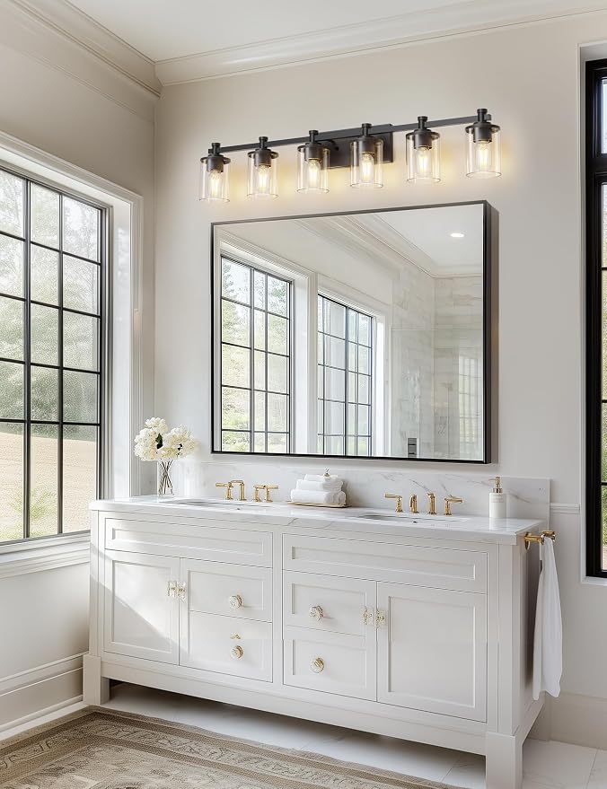 Bathroom Light Fixture, Bathroom Vanity Light Over Mirror, 6-Lights | Vanity Lights for Bathroom, Modern Lighting Fixtures with Clear Glass Shade, Black Vanity Lights, ETL Listed
