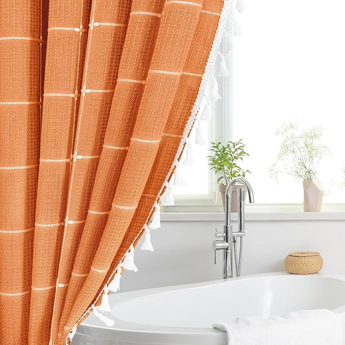 Orange Boho Farmhouse Shower Curtain for Bathroom 72x72 | 320 GSM French Country Plaid Tassel Shower Curtain, Rustic Aesthetic Bathroom Decor Windows Curtain