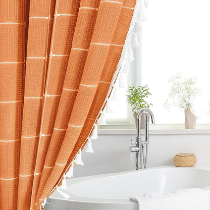 Orange Boho Farmhouse Shower Curtain for Bathroom 72x72 | 320 GSM French Country Plaid Tassel Shower Curtain, Rustic Aesthetic Bathroom Decor Windows Curtain