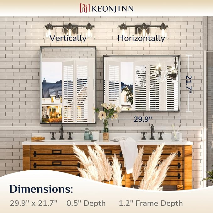Keonjinn 22x30 Inch Black Bathroom Mirror for Over Sink,HD Tempered Glass | Rectangular, Vanity Mirror, Brushed Framed, Square Corner, Modern Farmhouse, Wall Mounted Mirrors, Aluminum Alloy
