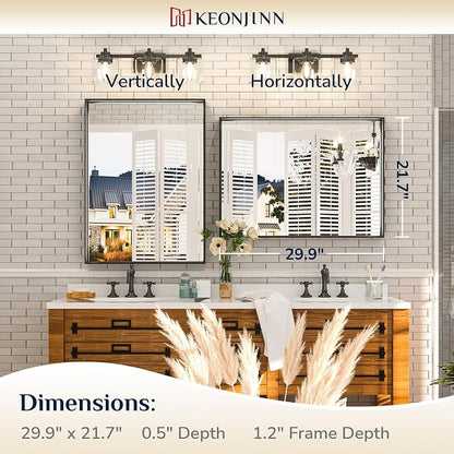 Keonjinn 22x30 Inch Black Bathroom Mirror for Over Sink,HD Tempered Glass | Rectangular, Vanity Mirror, Brushed Framed, Square Corner, Modern Farmhouse, Wall Mounted Mirrors, Aluminum Alloy