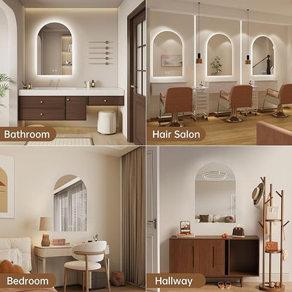 Arched Backlit Mirror Bathroom 20"x30"- Frameless LED Bathroom Mirror with Lights, Fogless, Dimmable, 3 Color Changing, Shatterproof, Touch Sensor