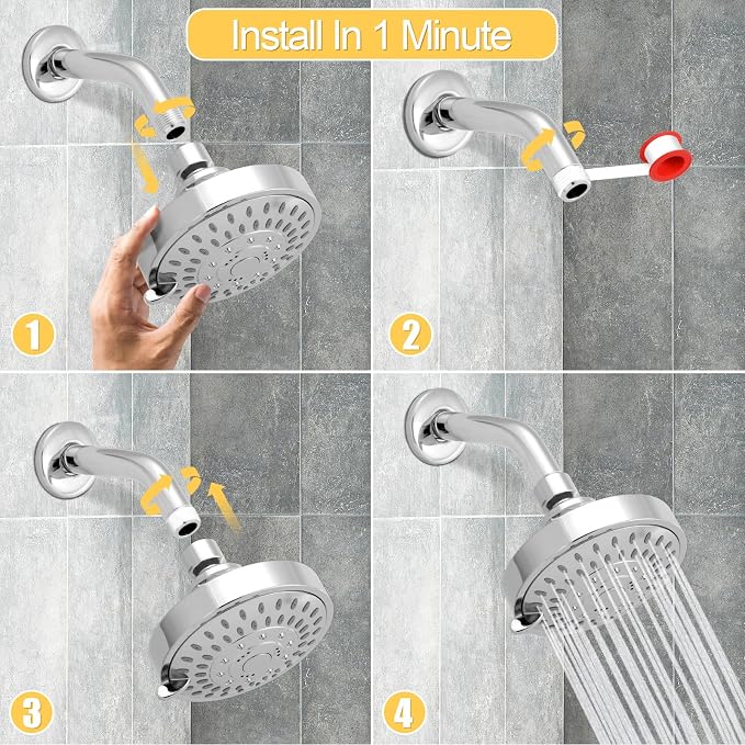 AISOSO Shower Head, 5 Modes High Pressure Shower Heads for Relaxed Shower Experience, 4.1 Inch Bathroom Fixed Showerhead Even at Low Water Pressure for Powerful Spray, Chrome