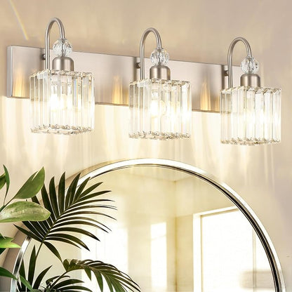 Ralbay Brushed Nickel Vanity Light for Bathroom Crystal 3-Light Modern Crystal Bathroom Light Fixtures