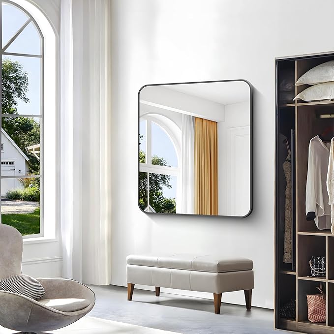 BONEWEI 36x40 inch Bathroom Mirror,Black Rectangle Mirror,Wall Mounted Bathroom Frame Vanity Mirror with Round Corner for Bedroom Living Room,Entryway Hangs Horizontal or Vertical