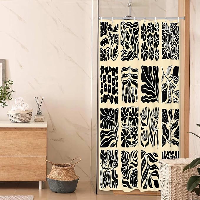JAWO Retro Shower Curtain Vintage Abstract Boho Floral Shower Curtains for Bathroom Decor Pink Black Botanical Geometric Groovy Aesthetic Pattern Shower Curtain Sets with Hooks,47X64IN