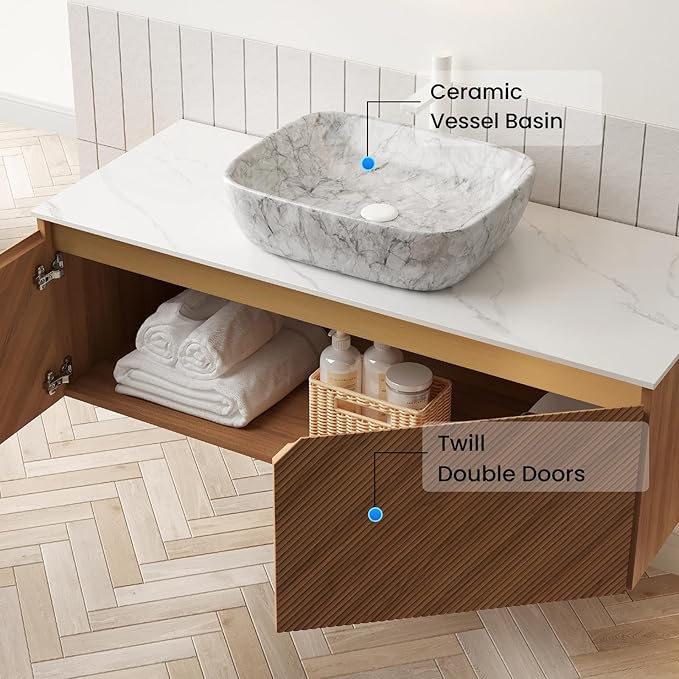 Floating Bathroom Vanity with Sink, 48" Bathroom Storage Cabinet with Sintered Stone Countertop & Marble-Pattern Ceramic Basin, Wall-Mounted Vanity with 2 Twill Pattern Doors, Brown Oak