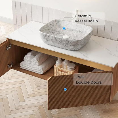 Floating Bathroom Vanity with Sink, 48" Bathroom Storage Cabinet with Sintered Stone Countertop & Marble-Pattern Ceramic Basin, Wall-Mounted Vanity with 2 Twill Pattern Doors, Brown Oak