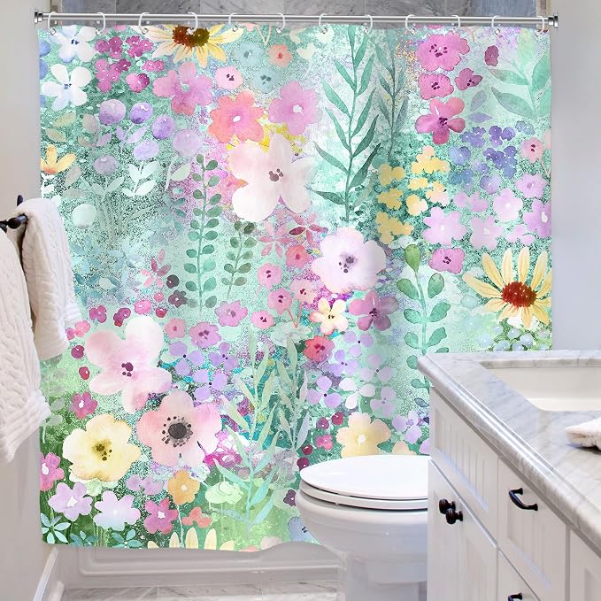 Teal Floral Cute Wildflower Watercolor Boho Art Bathroom Shower Curtain Set | 72"W x 72"H Leaves Botanical; waterproof HD print, quick-dry fabric with 12 hooks for easy hanging.