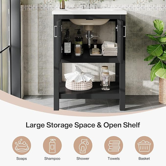Tribesigns 48" Bathroom Vanity with Sink, Modern Freestanding Vanity with Ceramic Porcelain Basin, 2-Door Storage Cabinet & Open Shelf for Small Bathroom, Industrial, Black
