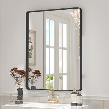 26x36 Inch Black Metal Framed Bathrrom Mirror for Wall, Matte Black Rectangle Mirror, Rounded Corner, Anti-Rust (Horizontal/Vertical)