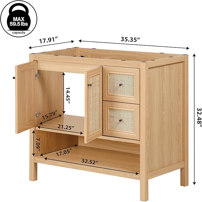 JONATHAN Y VAN1025A Jasper 36 in. W x 18 in. D x 33 in. H Rattan Modern Coastal 2-Shelf Bathroom Vanity Cabinet Only with Soft Closing Doors (Sink Basin Not Included), Oak