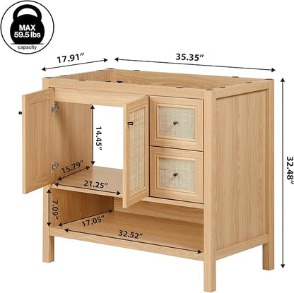 JONATHAN Y VAN1025A Jasper 36 in. W x 18 in. D x 33 in. H Rattan Modern Coastal 2-Shelf Bathroom Vanity Cabinet Only with Soft Closing Doors (Sink Basin Not Included), Oak