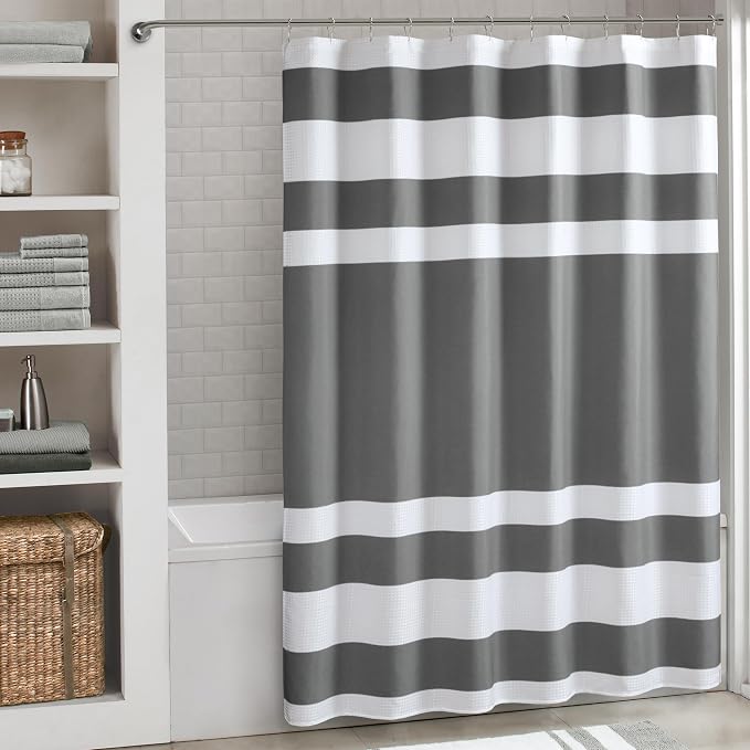 Madison Park Spa Waffle Weave Extra Long Shower Curtain, 72 x 84, Charcoal | Striped, Pieced Fabric Design, 3M Scotchgard Moisture Management, Hotel Quality, Modern, for Bathroom, OEKO-TEX Certified