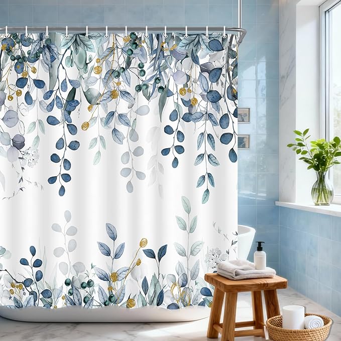 Extra Long Eucalyptus Shower Curtain 72X84 Inch, Blue Watercolor Plants Leaves Floral Tall Bathroom Curtains, Botanical Foliage Waterproof Fabric Cloth Shower Curtain Set with Hooks