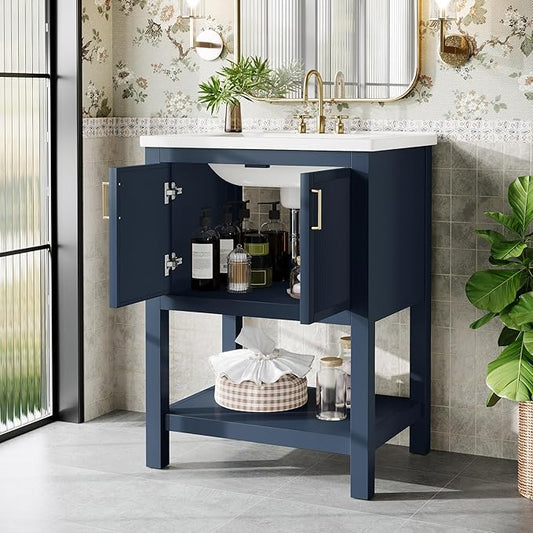 Tribesigns 24" Modern Bathroom Vanity with Sink, Solid Wooden Frame Freestanding Bathroom Vanities Cabinet Combo, Bathroom Sink Cabinet with 2 Doors and 1 Drawer, Navy Blue