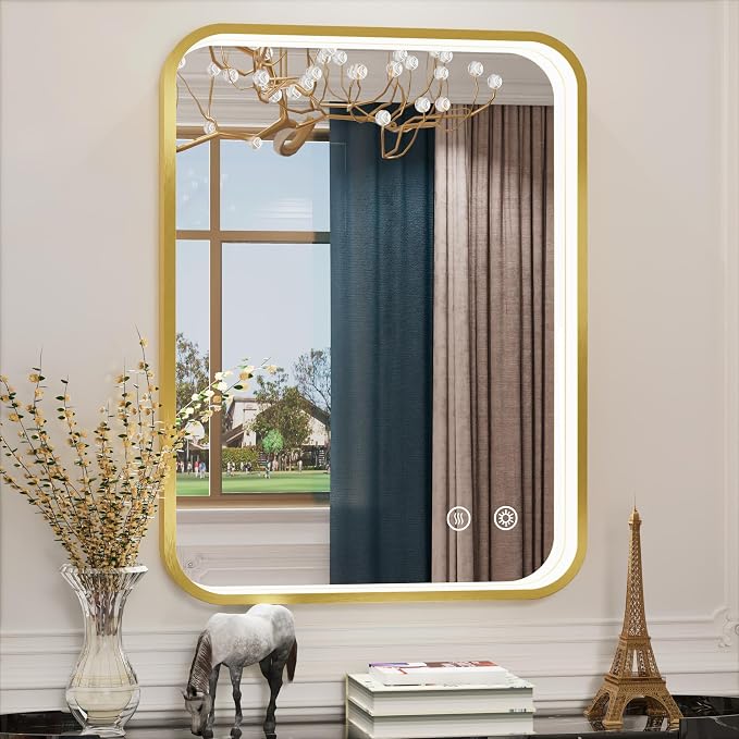 24x32 Inch Gold LED Bathroom Mirror with Lights,3000K/4500K/6000K | Stepless Dimmable, Memory Funtion,Anti-Fog, Aluminum Frame Wall Mount Lighted Bathroom Vanity Mirror, ETL Listed, Waterproof