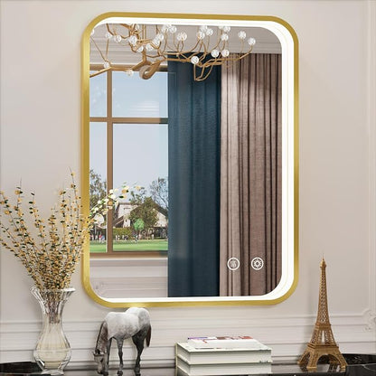 24x32 Inch Gold LED Bathroom Mirror with Lights,3000K/4500K/6000K | Stepless Dimmable, Memory Funtion,Anti-Fog, Aluminum Frame Wall Mount Lighted Bathroom Vanity Mirror, ETL Listed, Waterproof
