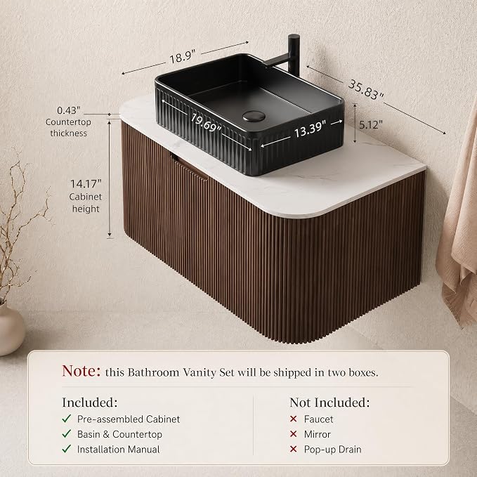 36 Inch Bathroom Vanity with Sink, Floating Wall Mounted Single Sink Vanity, Dark Walnut Curved Fluted Front, Stone Top, Black Textured Rectangular Vessel Basin, Pre-Assembled