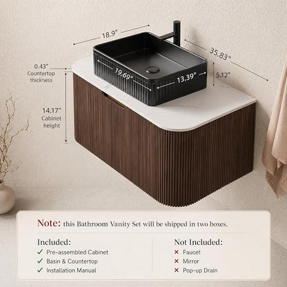 36 Inch Bathroom Vanity with Sink, Floating Wall Mounted Single Sink Vanity, Dark Walnut Curved Fluted Front, Stone Top, Black Textured Rectangular Vessel Basin, Pre-Assembled