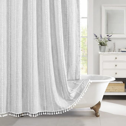 Farmhouse Tassel Linen Shower Curtain,3D Embroidery Stripe Light Grey,72x84 | Extra Long,310GSM Boho Texture Heavy Duty Cloth,Water Repellent,Wrinkle Resistant,Vintage Farmhouse Rustic,12 Plastic Hooks