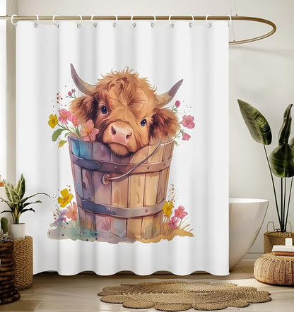 Shower Curtain for Bathroom Stall Boho Modern Cute Aesthetic Decorative Girly Waterproof Unique Highland Cow Girls Chic Print Design Teen Pretty Women Cortinas de Baño Bathtub 72 x72 Inch