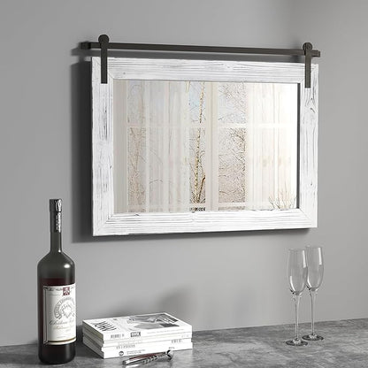 COGOOD Farmhouse Barn Door Mirror - 18 x 25 White | Rustic Wood Framed Vanity Mirror for Entryway, Living Room, Bedroom, Bathroom Wall Decor
