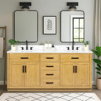 72-inch Natural Oak Bathroom Vanity with 2 Sinks, Solid Wood, 0.79-inch Stone Countertop and Backsplash, 6 Drawers, 4 Soft Closing Doors