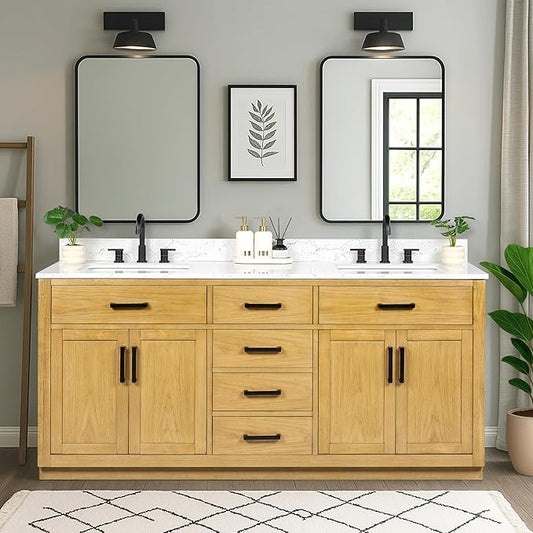72-inch Natural Oak Bathroom Vanity with 2 Sinks, Solid Wood, 0.79-inch Stone Countertop and Backsplash, 6 Drawers, 4 Soft Closing Doors