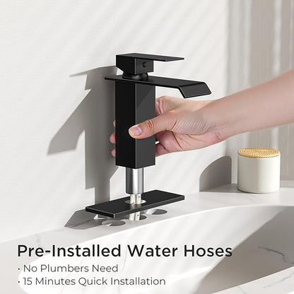 FORIOUS Bathroom Faucet Matte Black Modern Waterfall Bathroom Sink Faucet 1 or 3 Hole Single Handle with Deck Plate and Drain, Suitable for Vanity Rv Camper Commerical