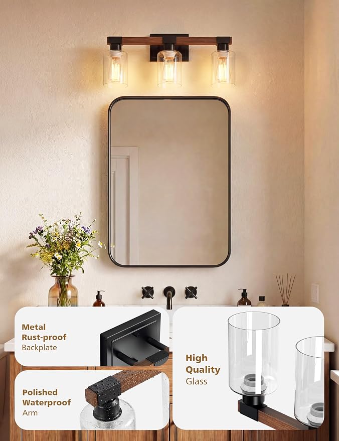 VOLISUN Farmhouse Bathroom Vanity Light Fixtures,3 Light,UL Certificated | 3 Light Bathroom Vanity Lights Over Mirror, Rustic Vanity Light for Bathrooms,Wood Bathrooms Lights Fixtures Over Mirror