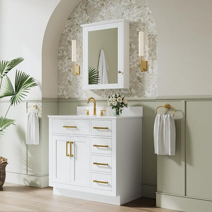 36-Inch Bathroom Vanity with Sink W/ 2 Doors & 4 Drawers & 1 Flip Drawer, White Vanity W/Brushed Gold Handles