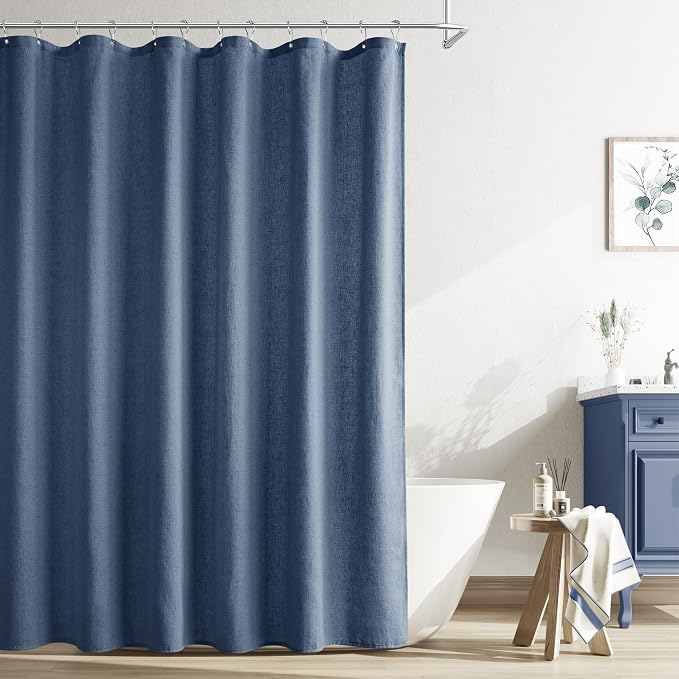 Vintage Blue Linen Shower Curtain, Country Boho Farmhouse Bath Decor Shower Curtains Neutral Cloth Weighted Textured Fabric Bath Curtain Liner with Hooks, 72x72