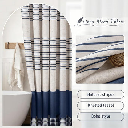 Navy Blue Coastal Ocean Linen Striped Shower Curtain with Tassel 72W X 78L | Long Boho Farmhouse Shower Curtains with Linen Texture for Bathroom Decor